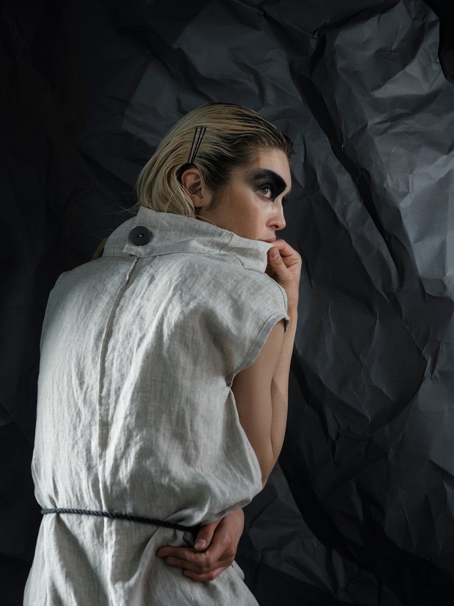 Draped Asymmetric Linen Dress with High Collar