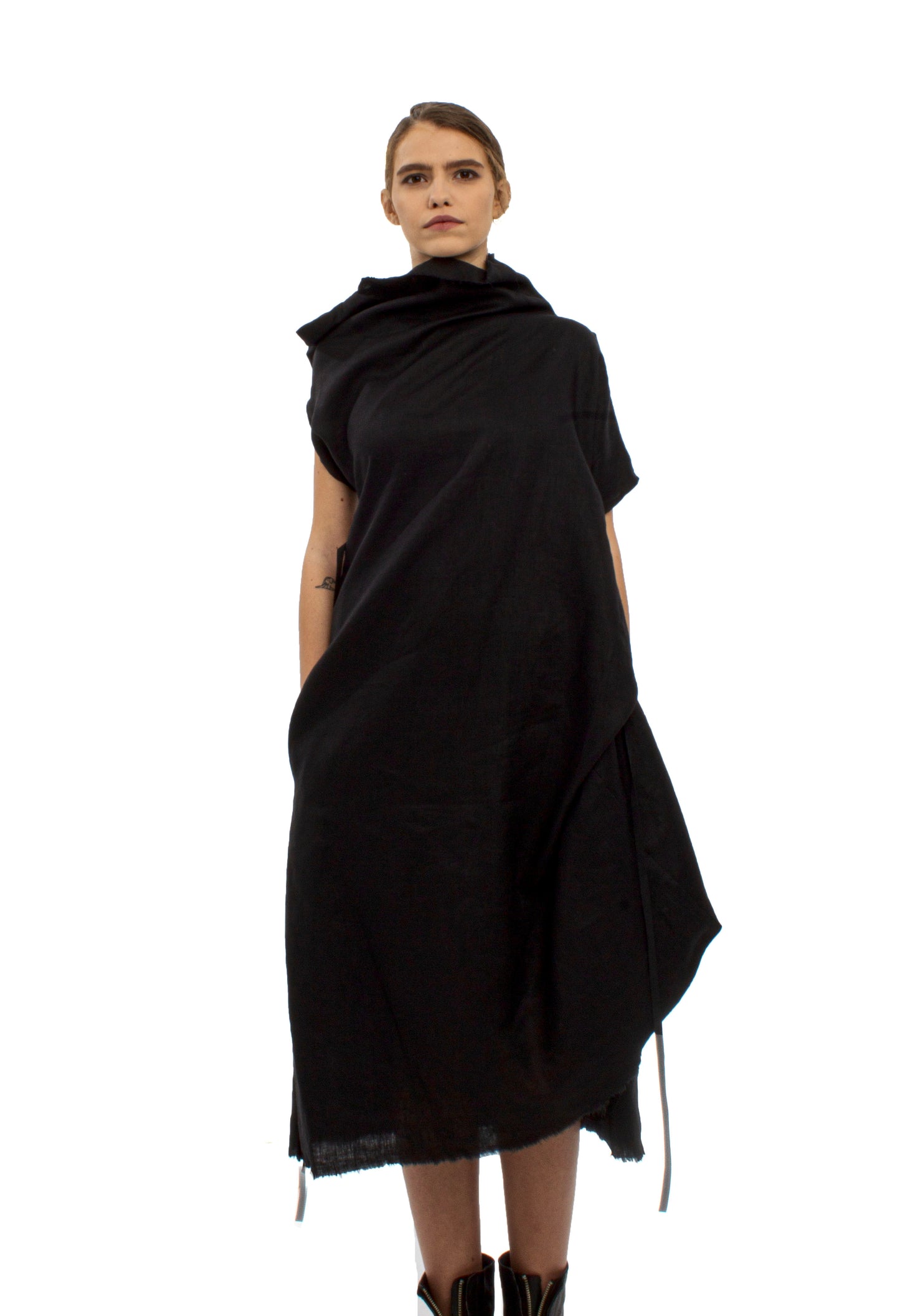 Spacetime Intersections sculptural shoulder linen dress