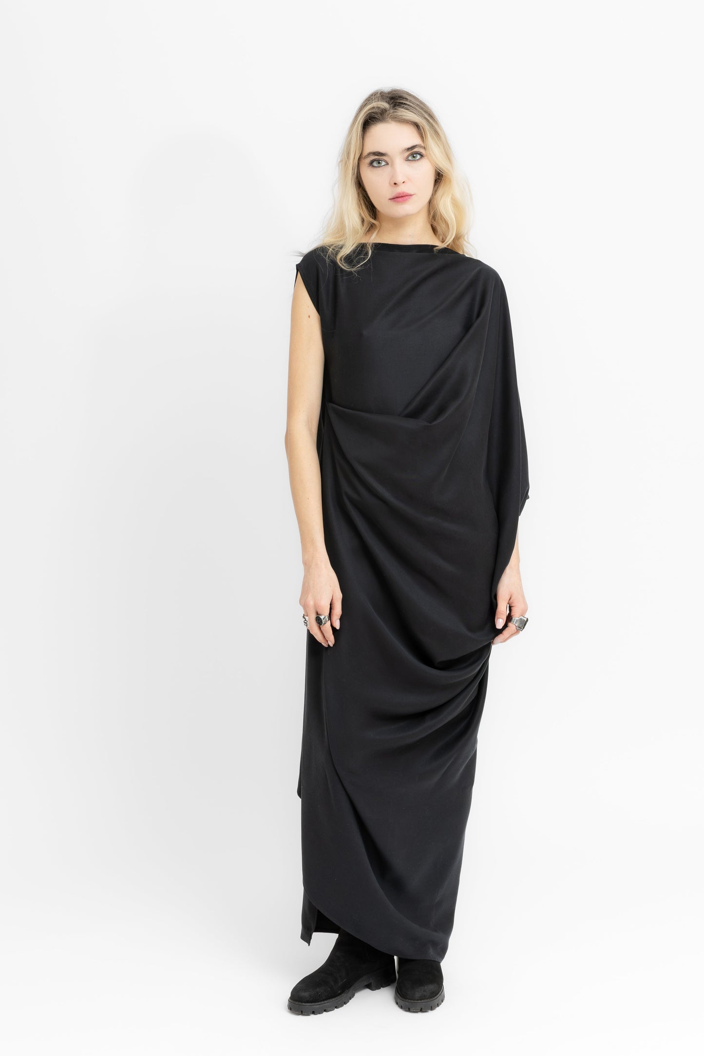 Sierra dramatic draping and flowing geometry in black