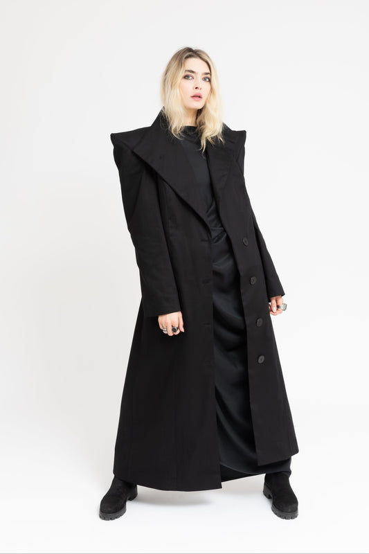 Monolith sharp power shoulders asymmetric long coat