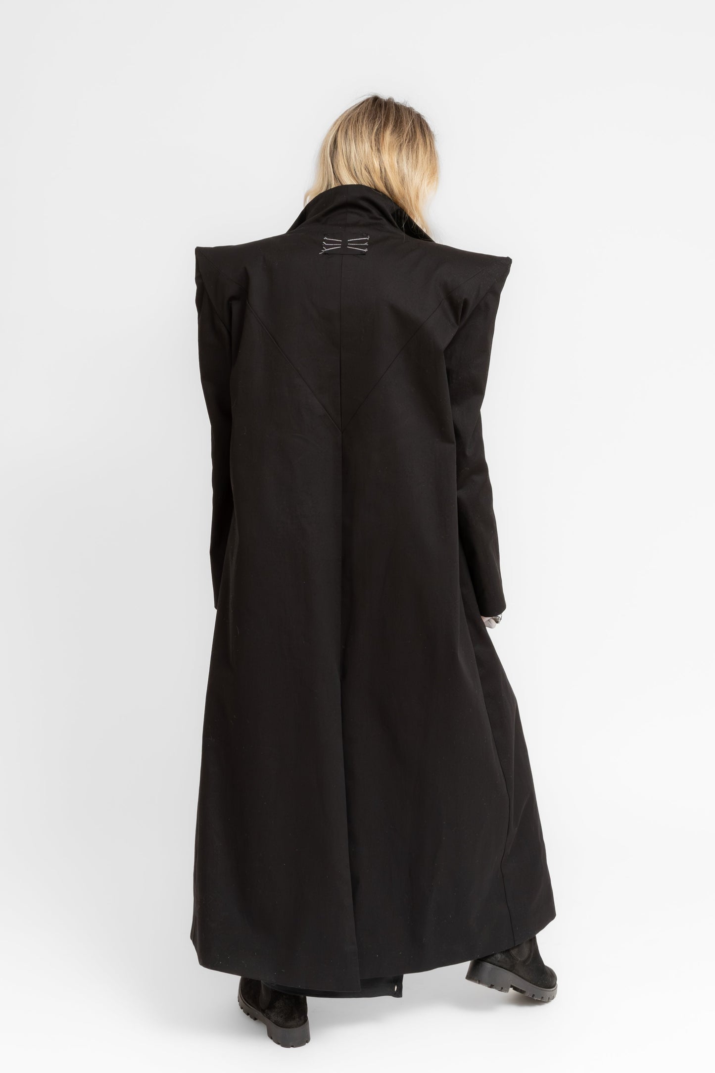 Monolith sharp power shoulders asymmetric long coat