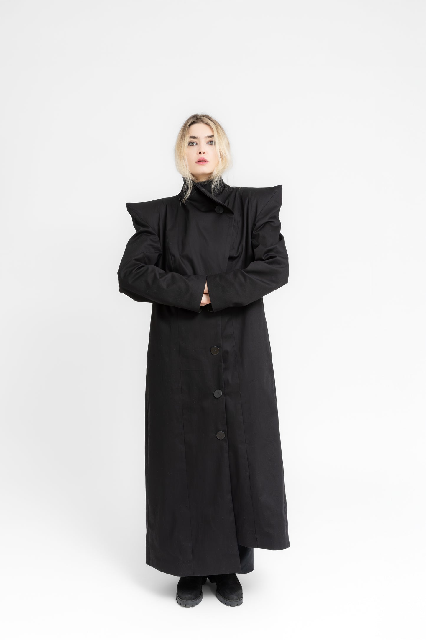Monolith sharp power shoulders asymmetric long coat