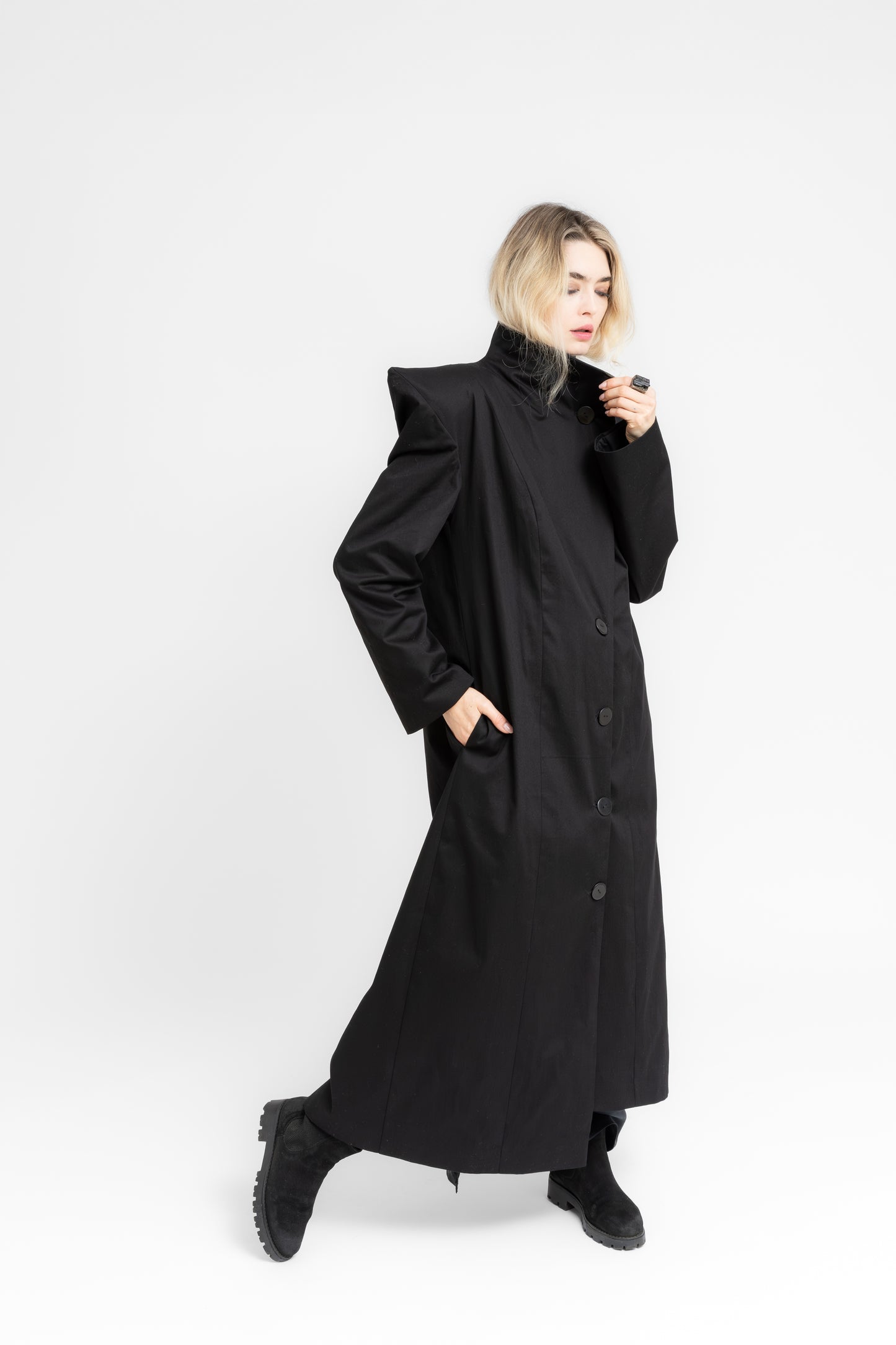 Monolith sharp power shoulders asymmetric long coat