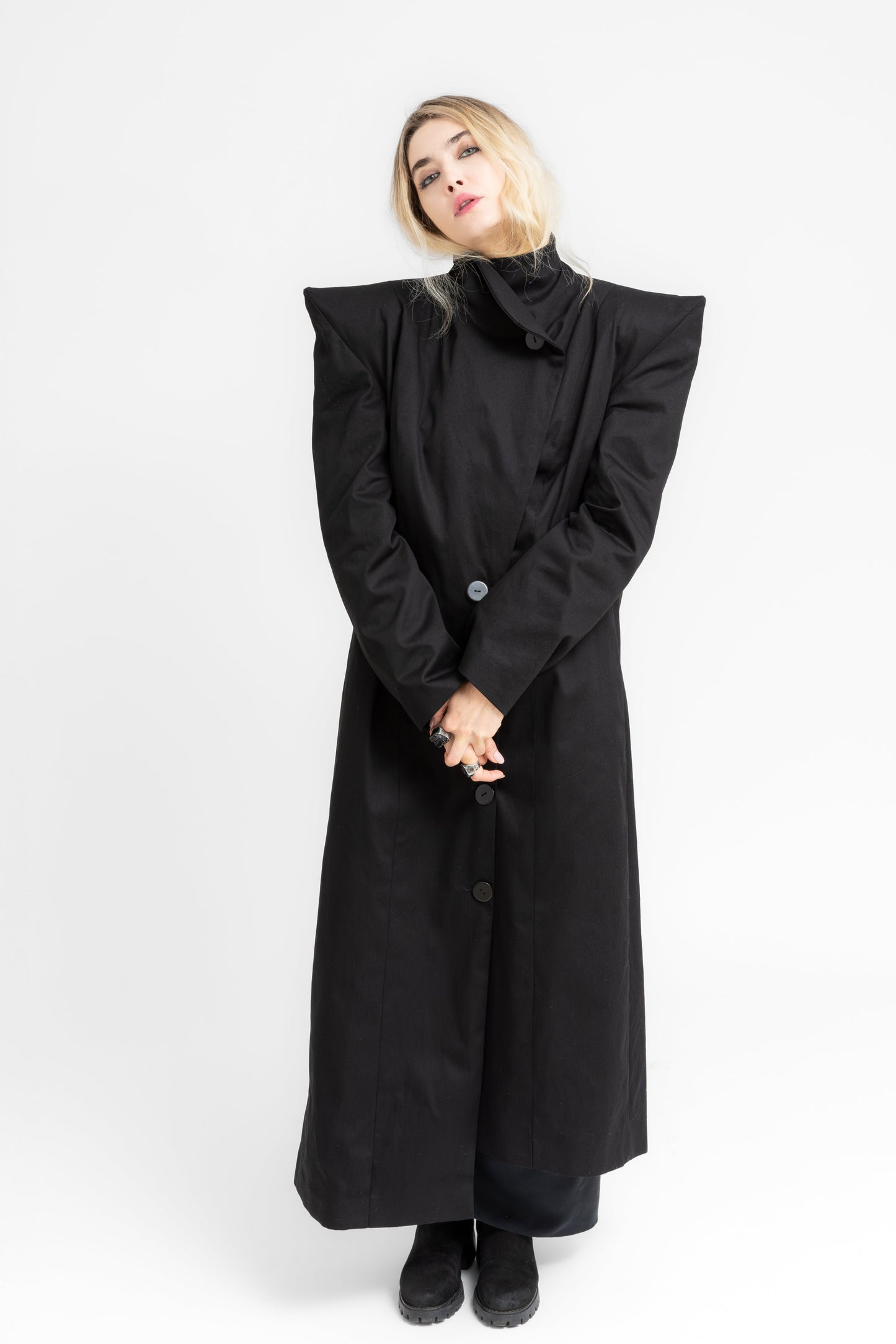 Monolith sharp power shoulders asymmetric long coat