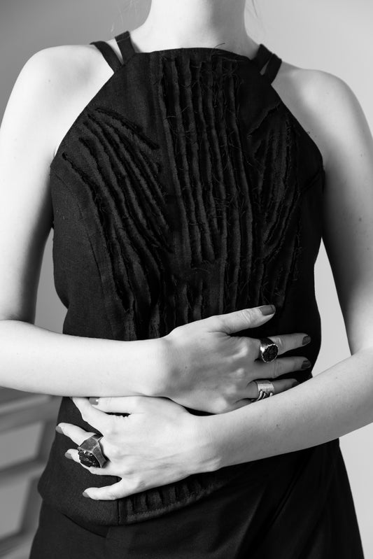 Deconstructed bodice top with raw textured linen