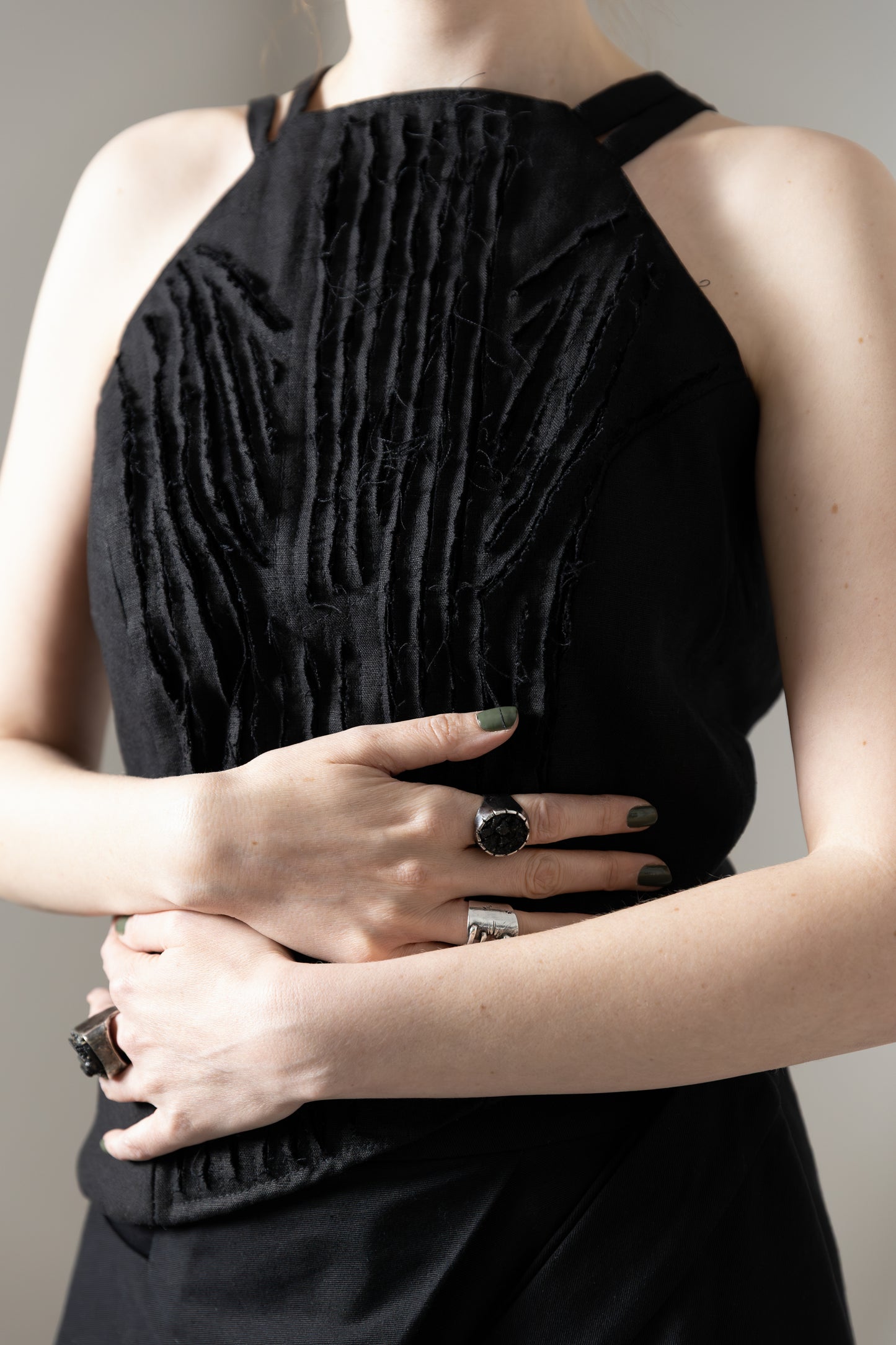 Deconstructed bodice top with raw textured linen