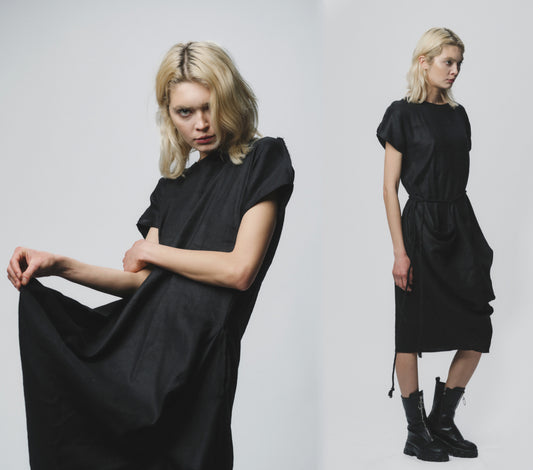 Sculptural draping linen dress