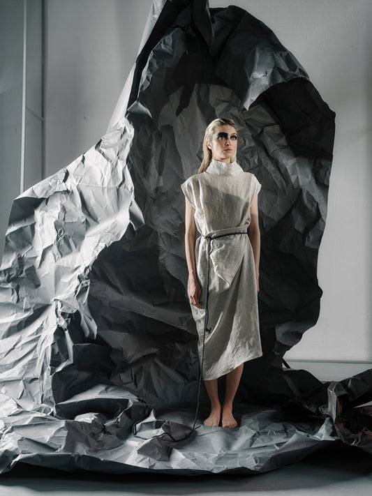Draped Asymmetric Linen Dress with High Collar