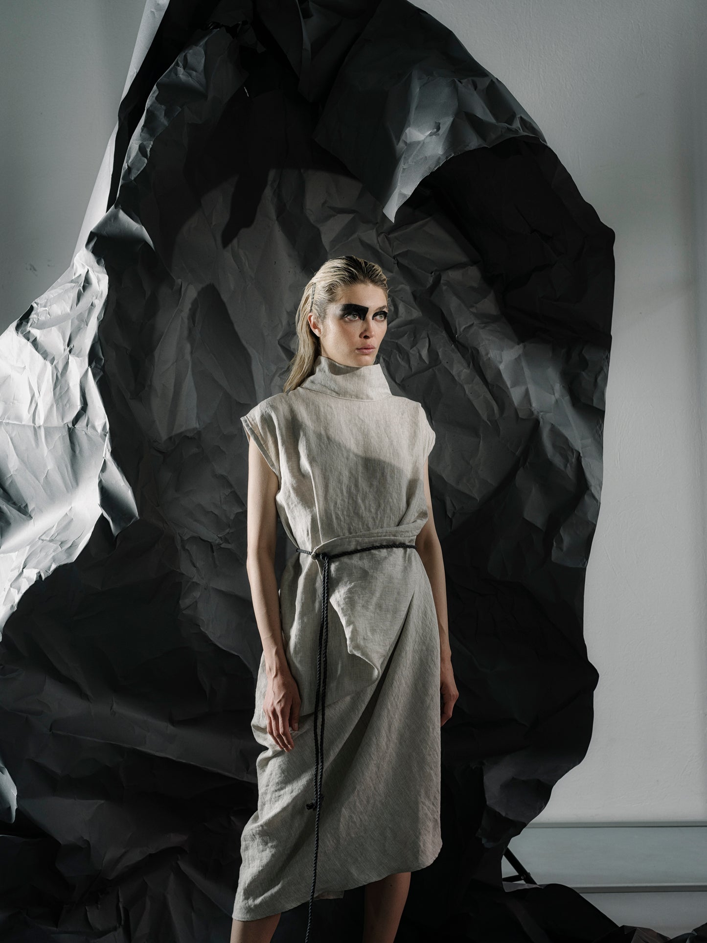 Draped Asymmetric Linen Dress with High Collar