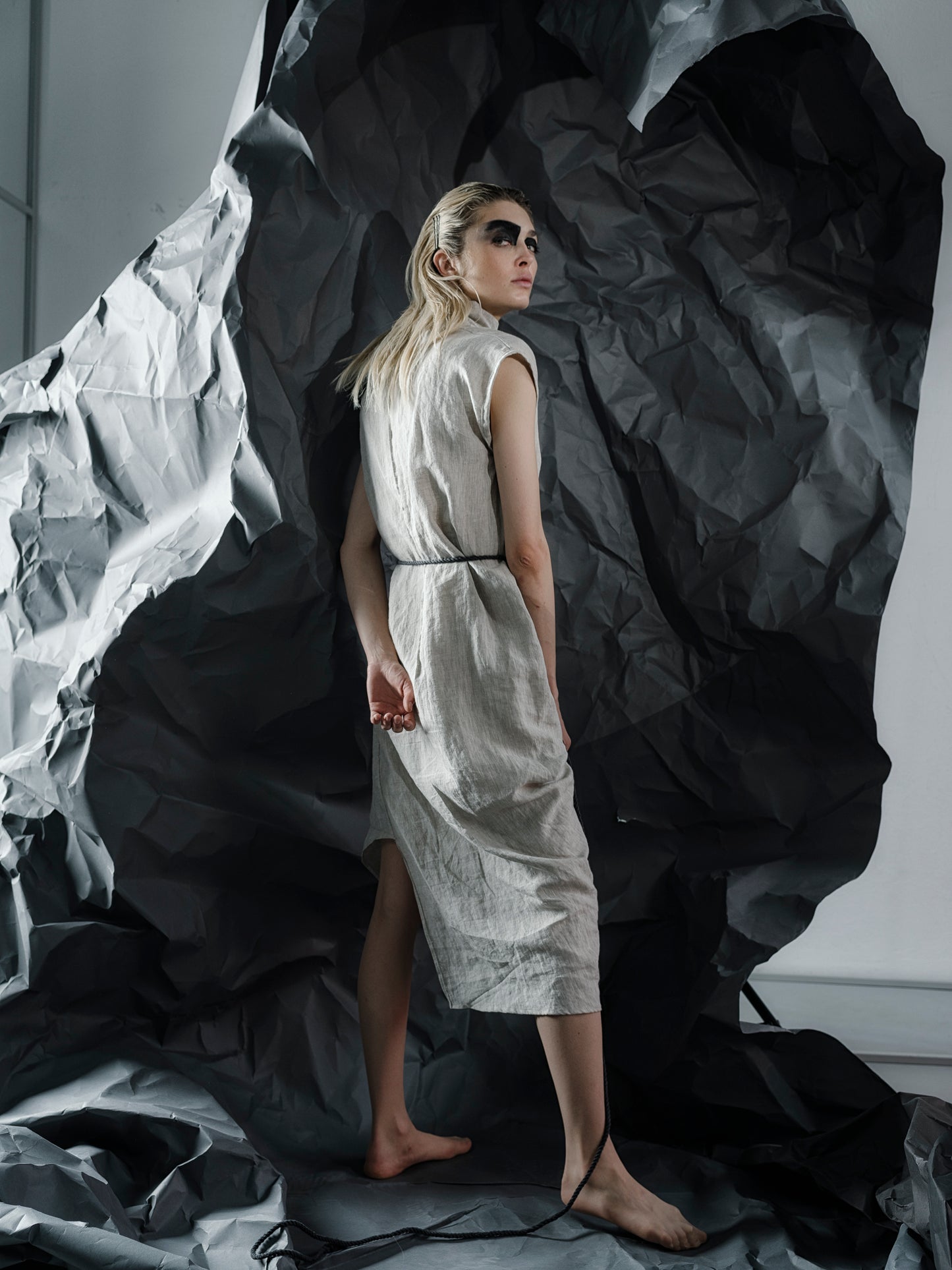 Draped Asymmetric Linen Dress with High Collar