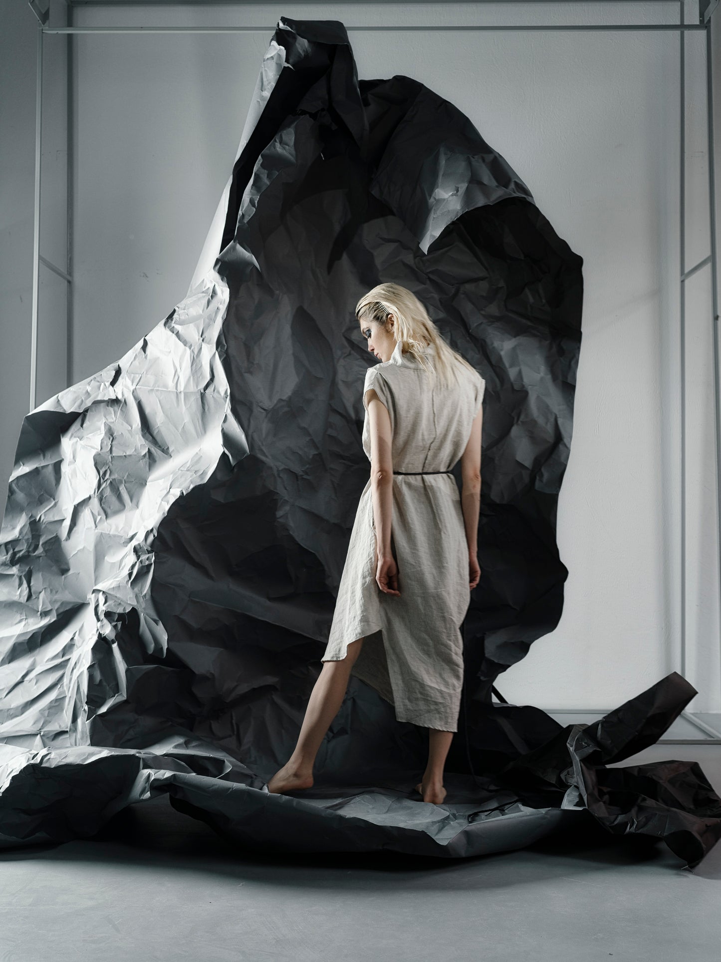 Draped Asymmetric Linen Dress with High Collar
