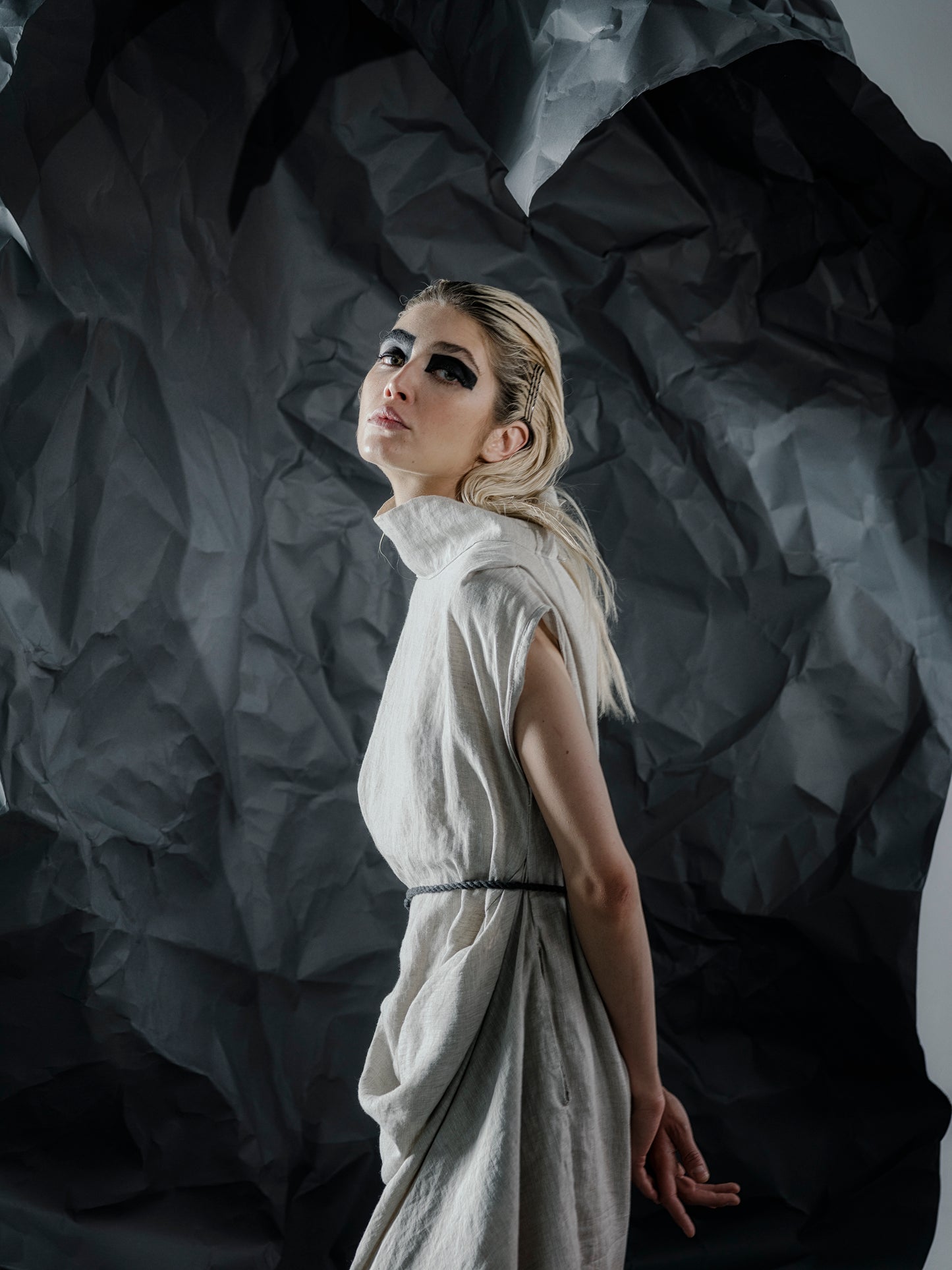 Draped Asymmetric Linen Dress with High Collar