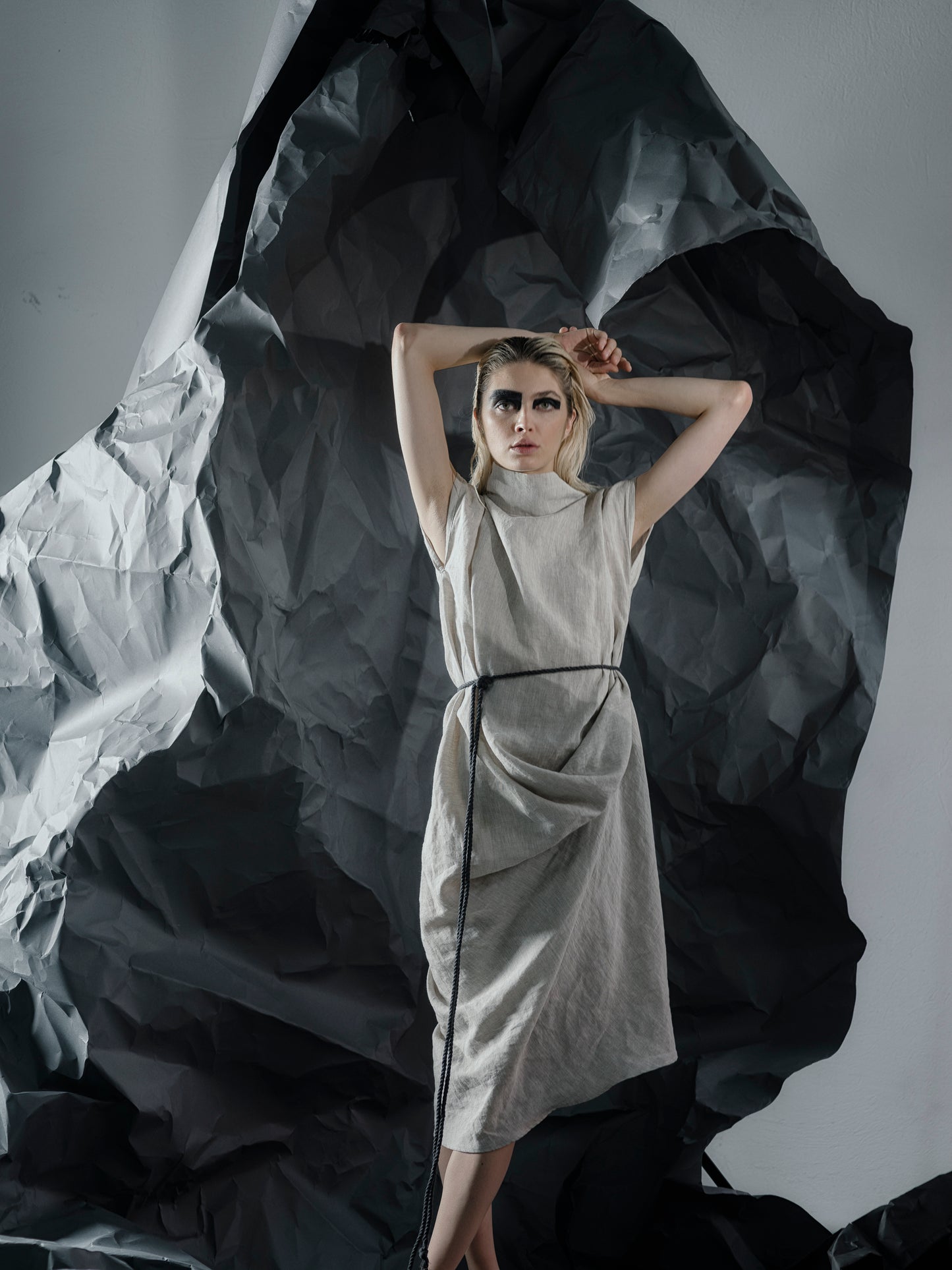 Draped Asymmetric Linen Dress with High Collar