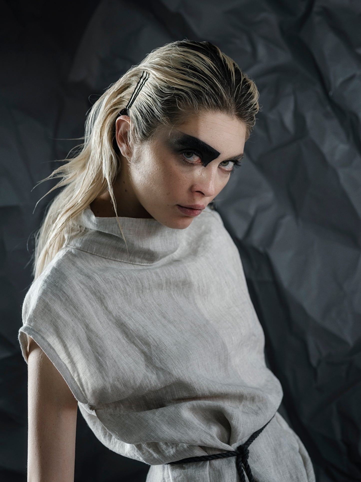 Draped Asymmetric Linen Dress with High Collar
