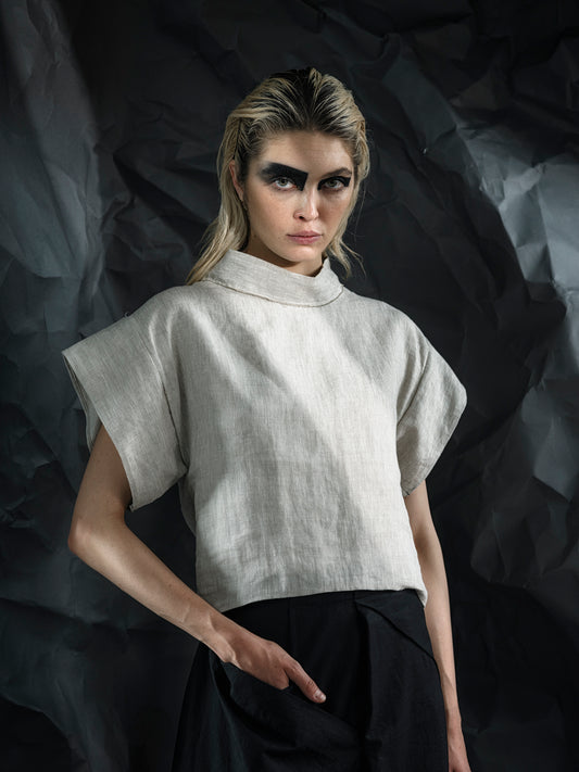 Minimalist linen crop top with a structured fit