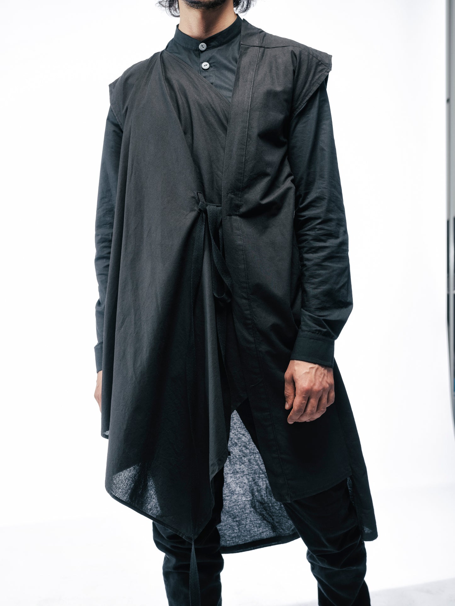 No.Connection genderless asymmetric draped overall cardigan or dress
