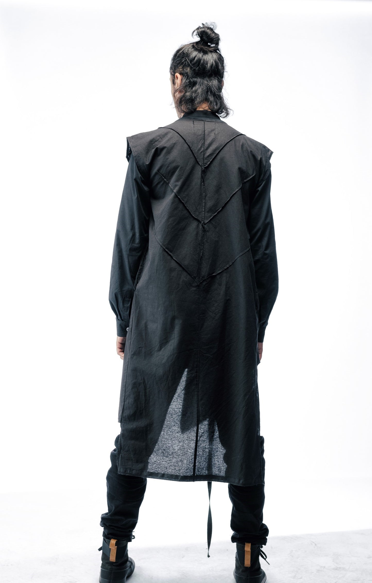 No.Connection genderless asymmetric draped overall cardigan or dress
