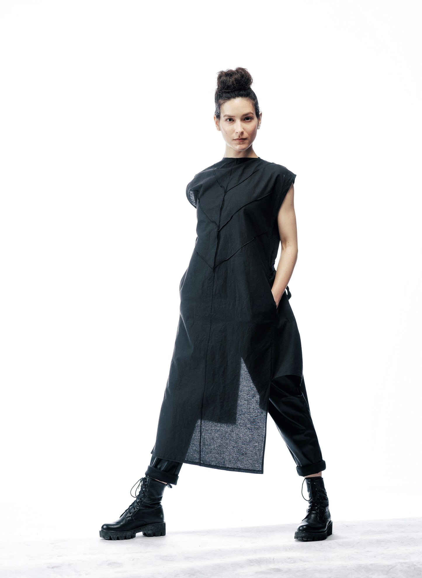 No.Connection genderless asymmetric draped overall cardigan or dress