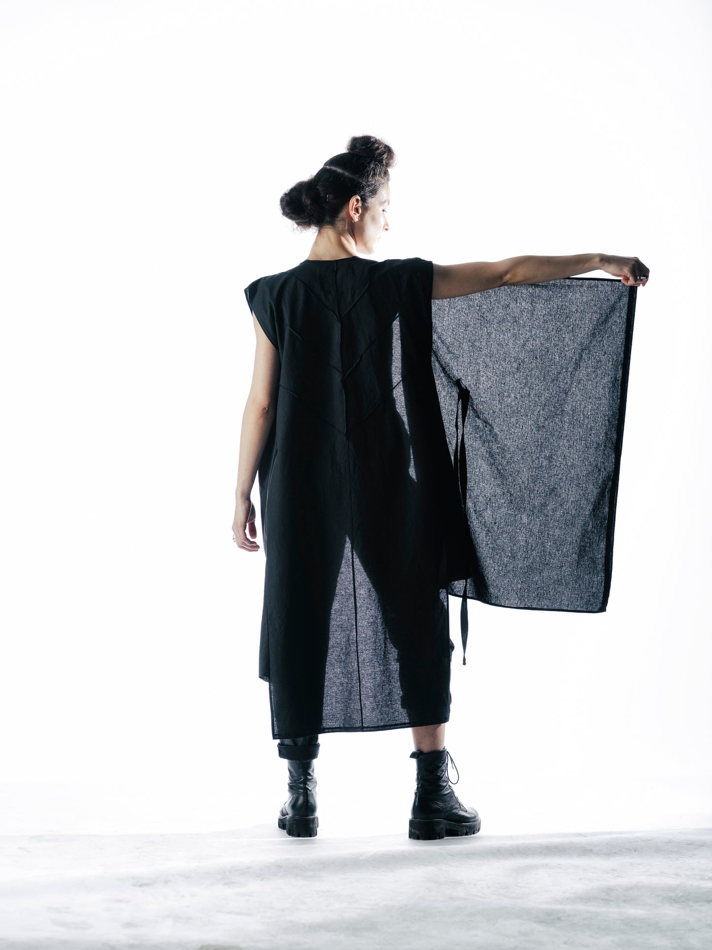 No.Connection genderless asymmetric draped overall cardigan or dress