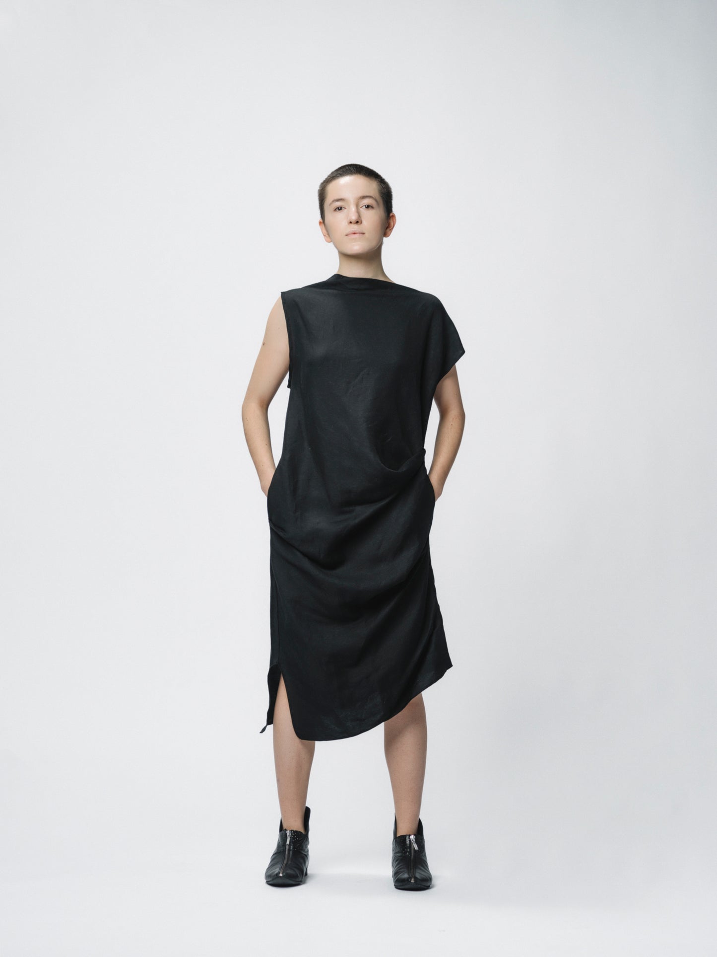 Sculptural draping linen dress with buttons closure on the shoulder