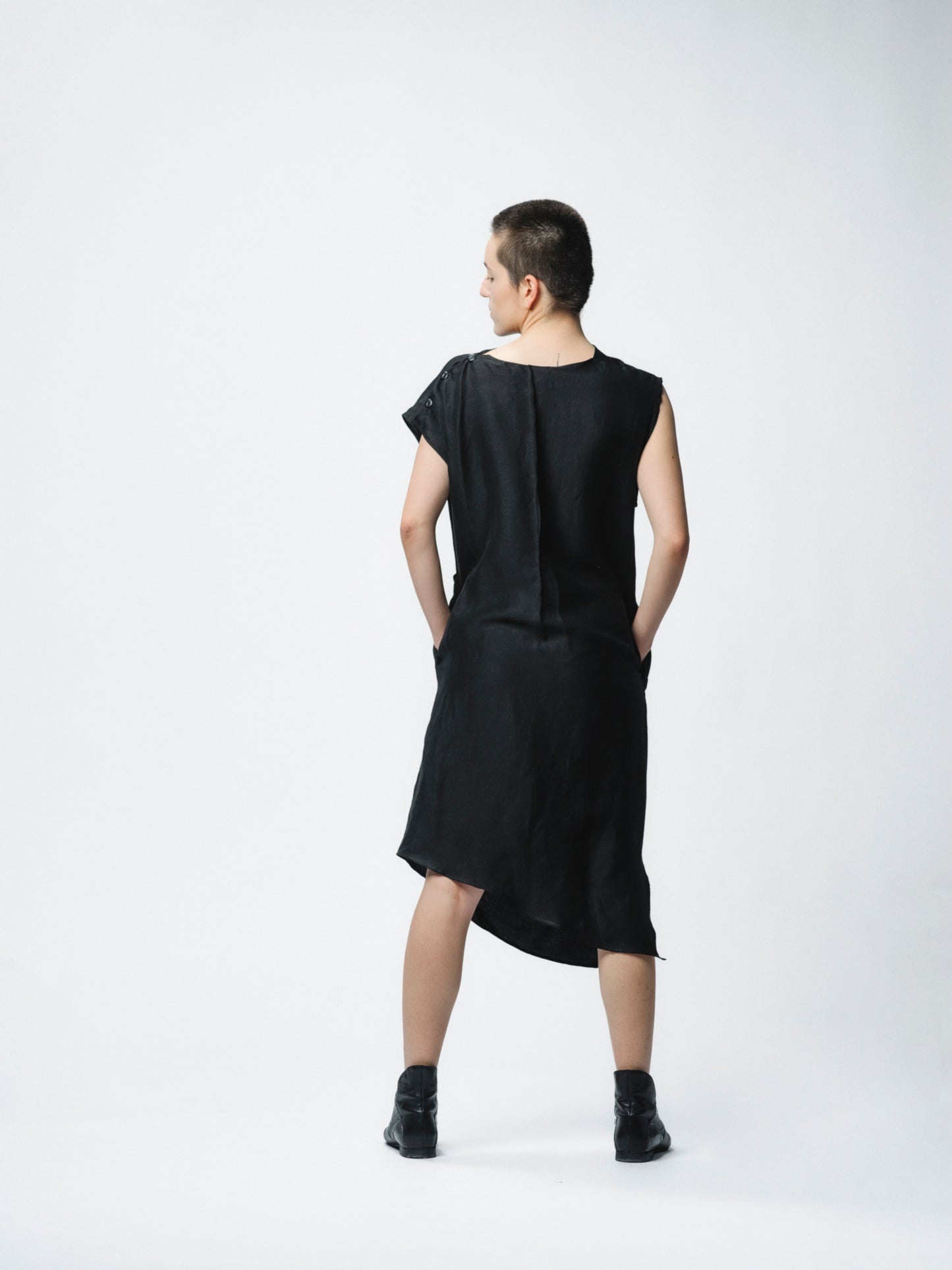 Sculptural draping linen dress with buttons closure on the shoulder