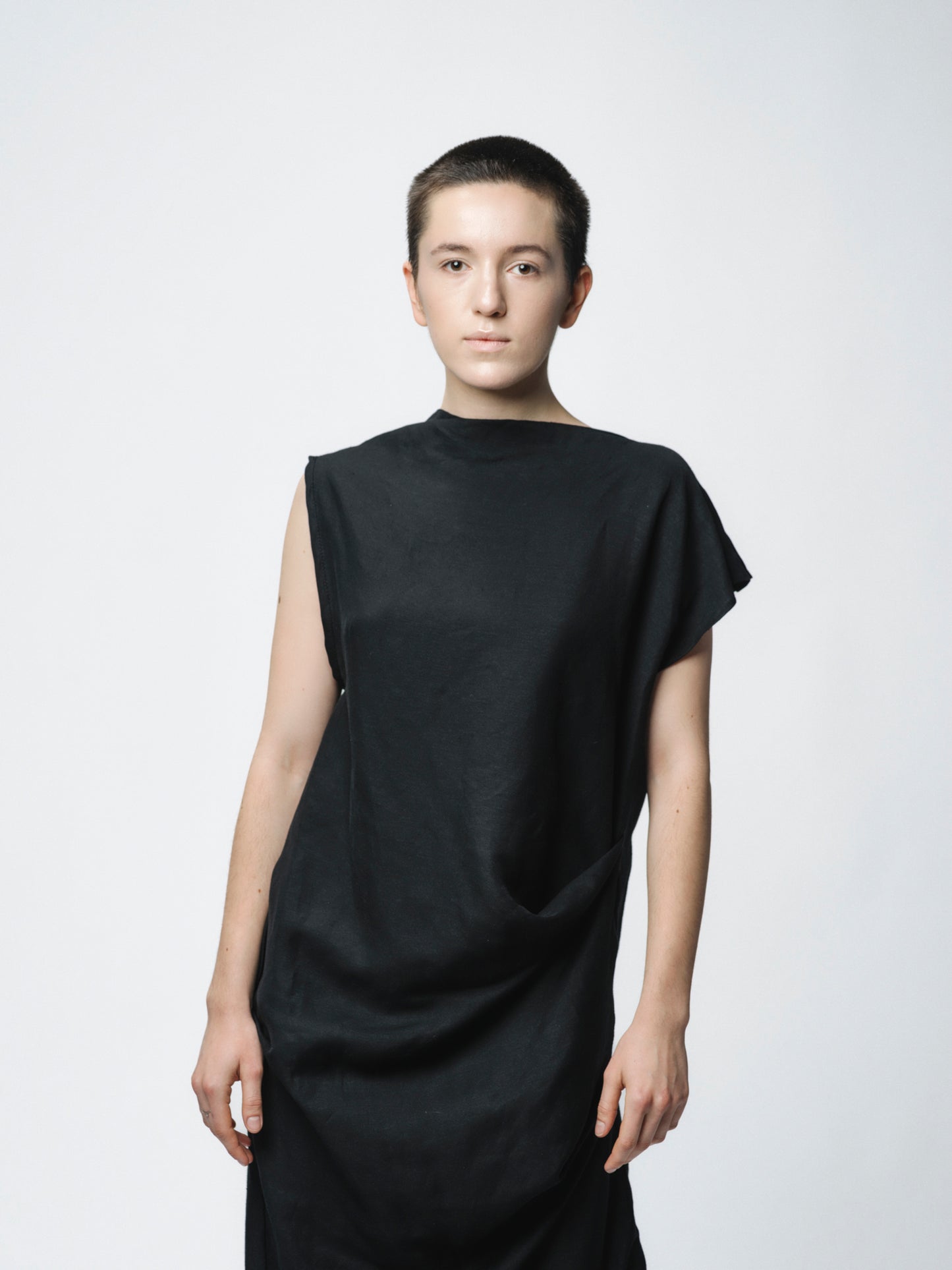 Sculptural draping linen dress with buttons closure on the shoulder