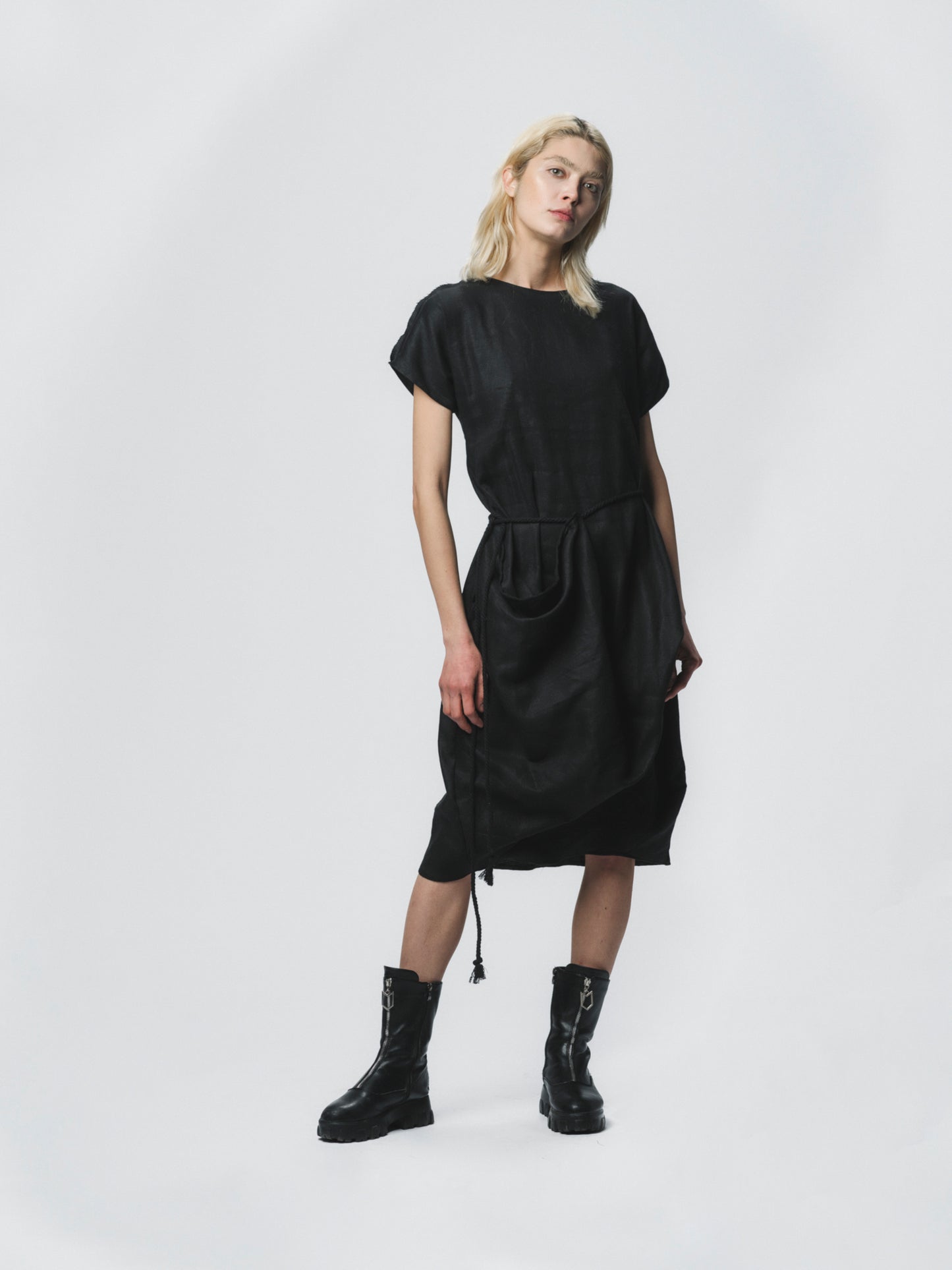 Sculptural draping linen dress