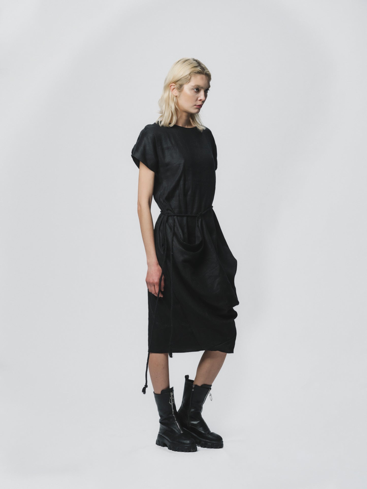 Sculptural draping linen dress
