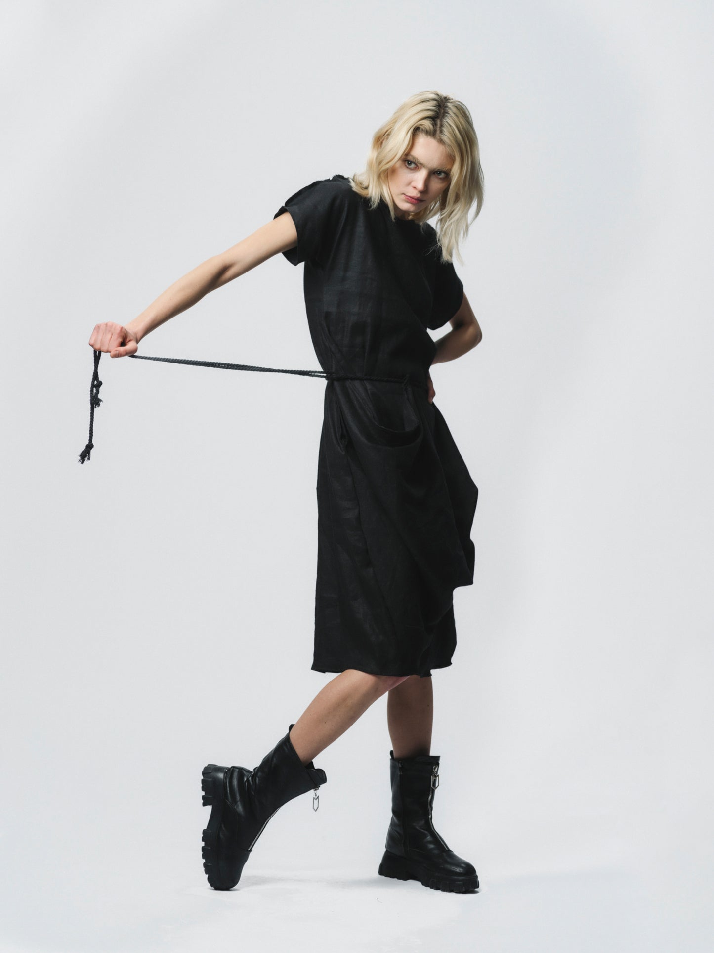 Sculptural draping linen dress
