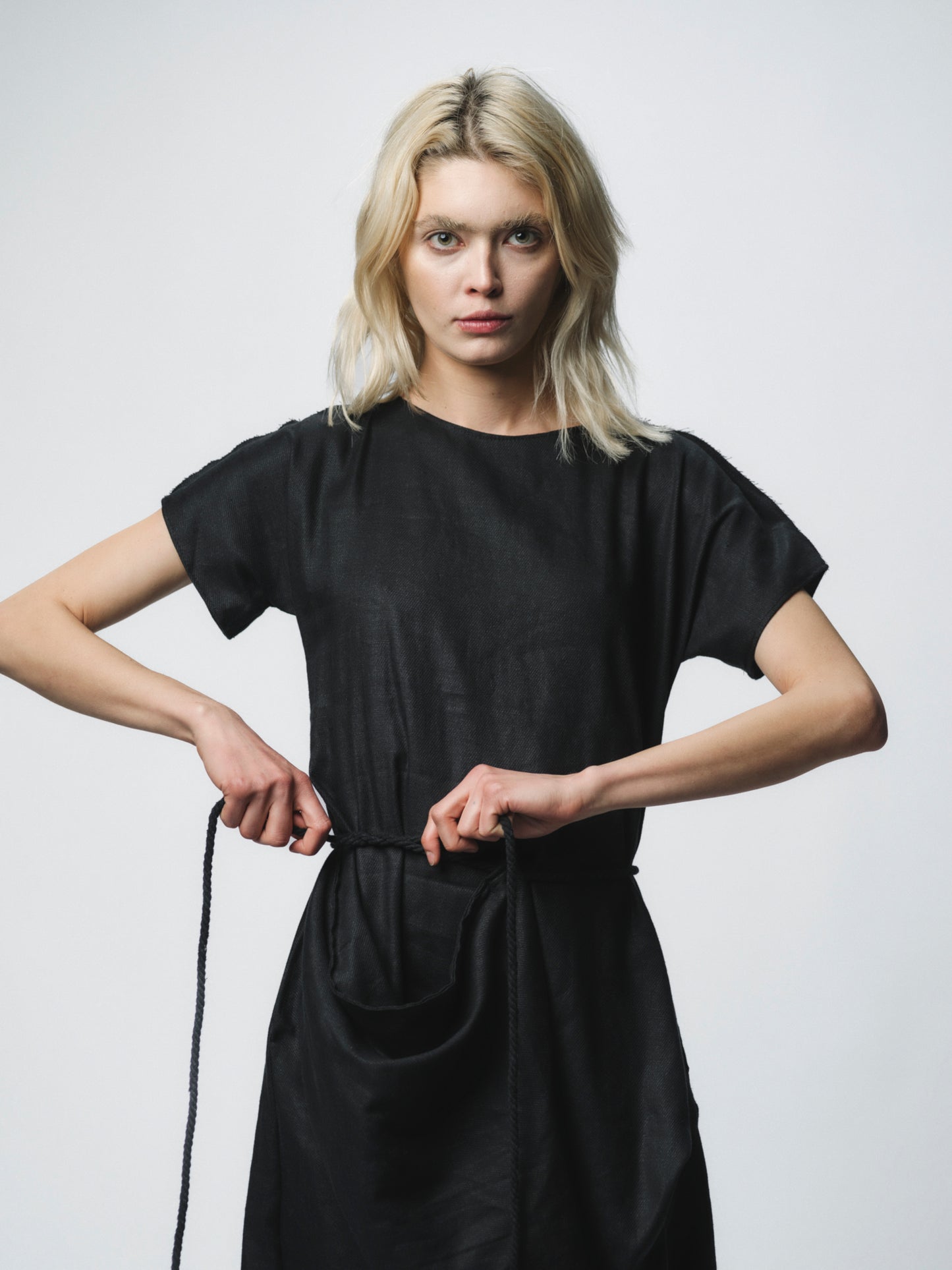 Sculptural draping linen dress