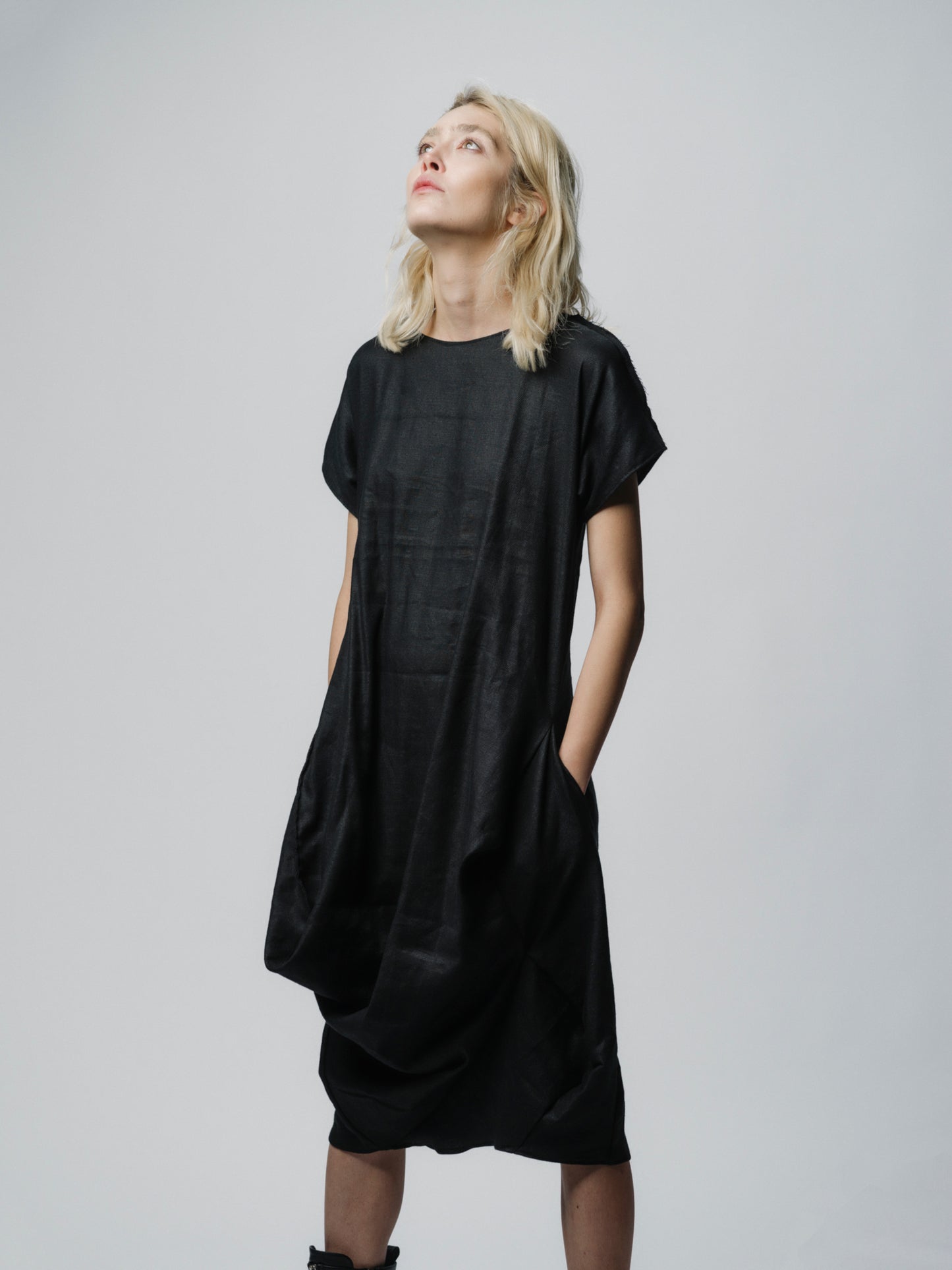 Sculptural draping linen dress