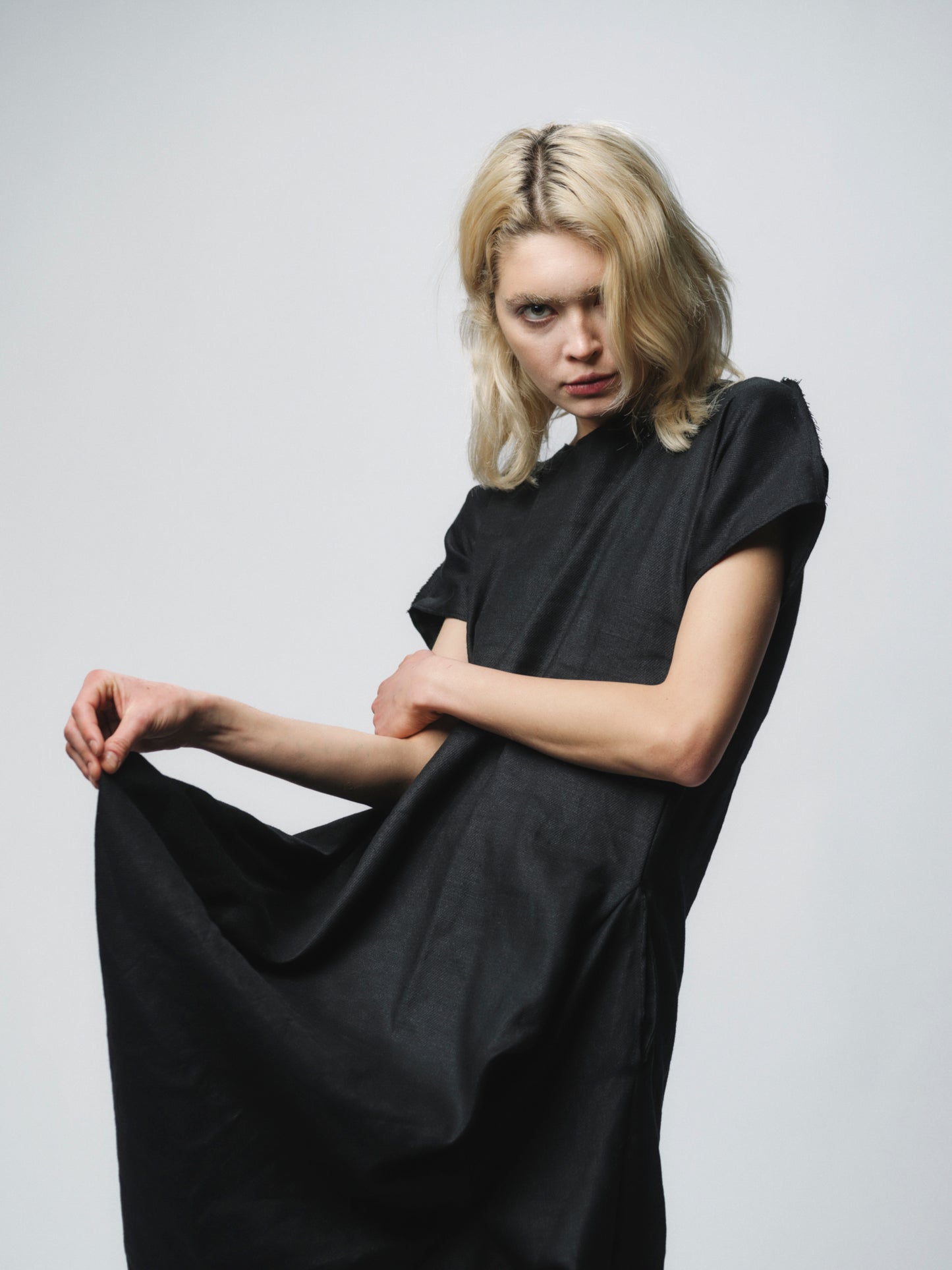Sculptural draping linen dress
