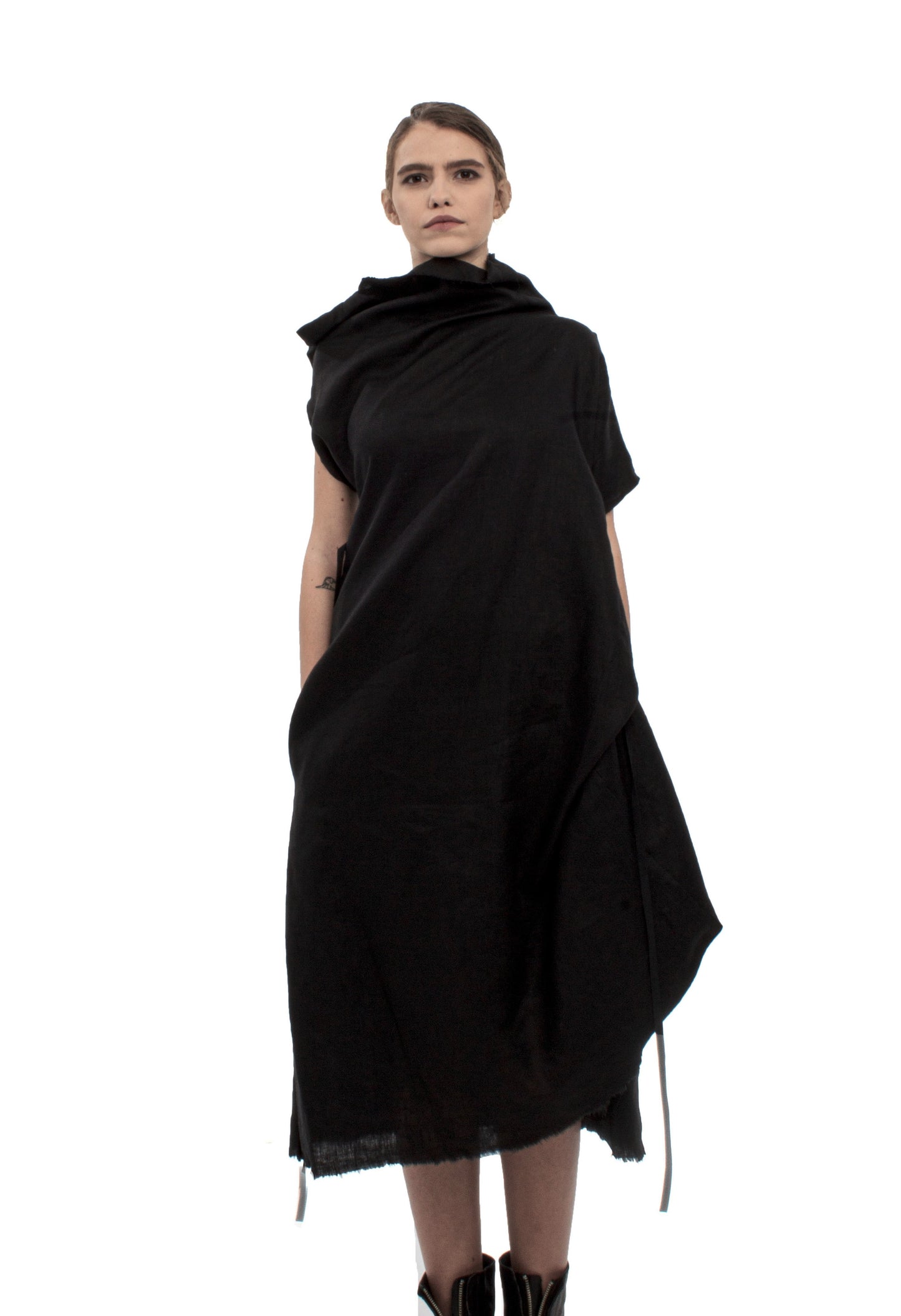Spacetime Intersections sculptural shoulder linen dress