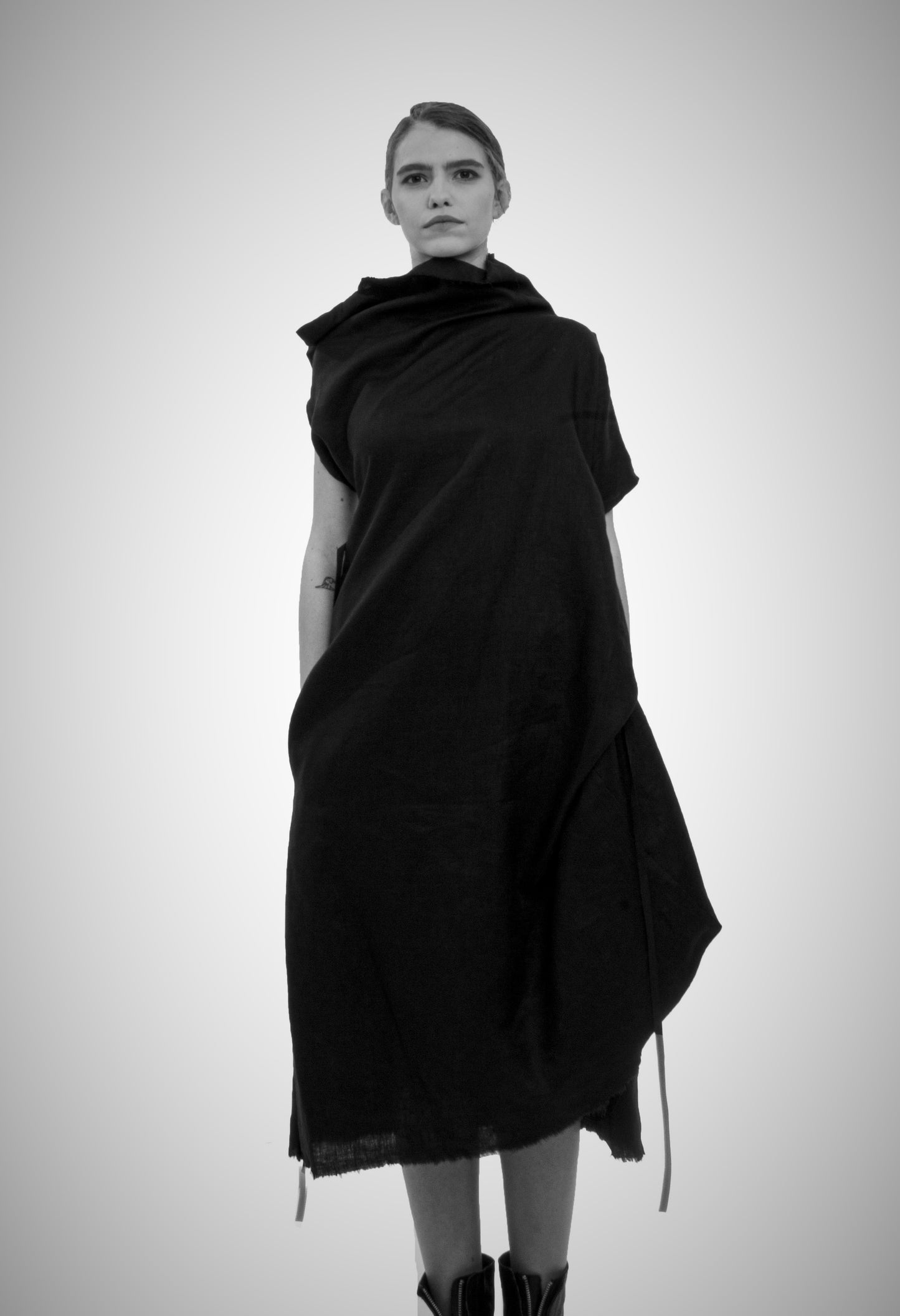Spacetime Intersections sculptural shoulder linen dress