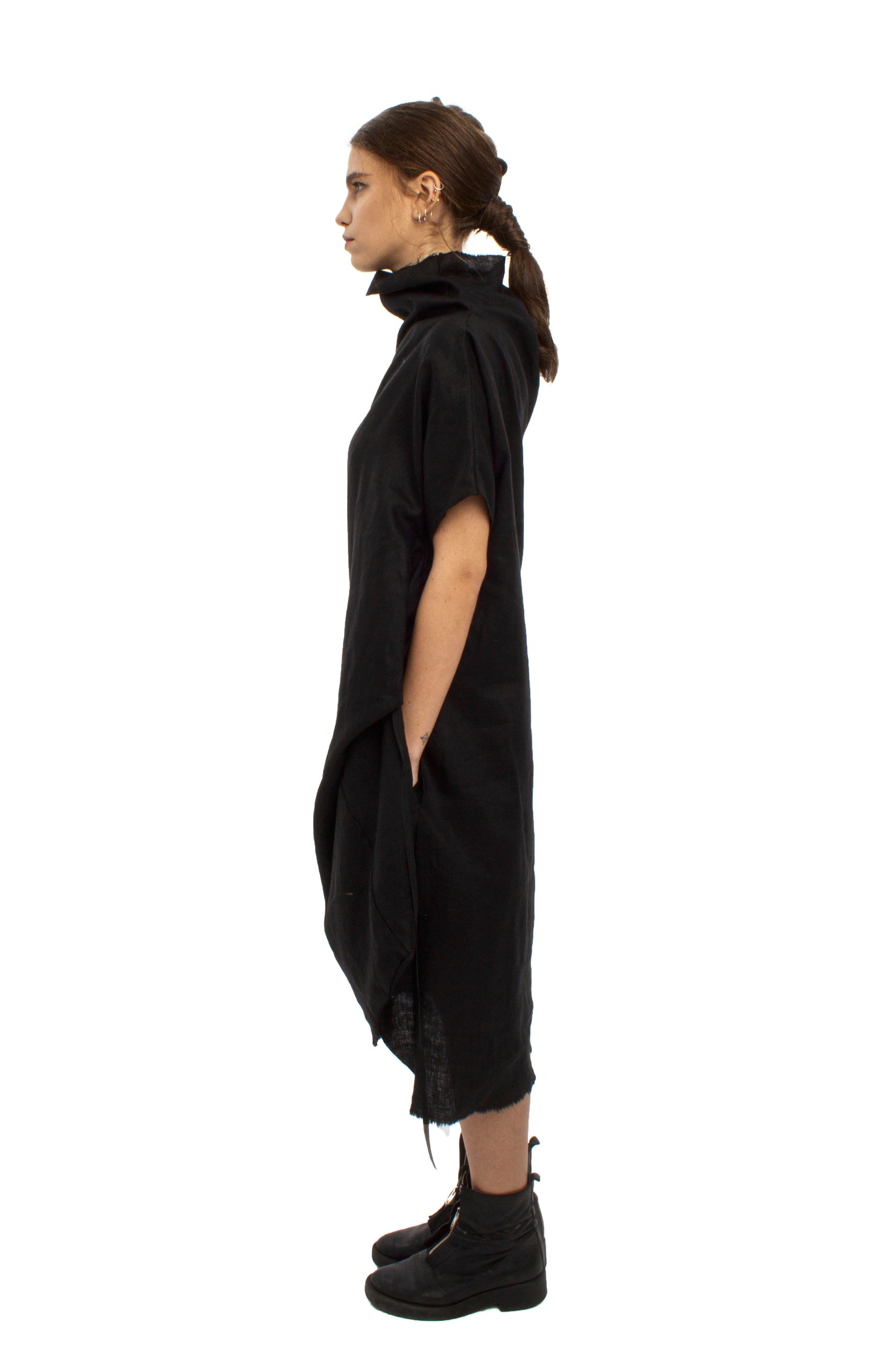 Spacetime Intersections sculptural shoulder linen dress