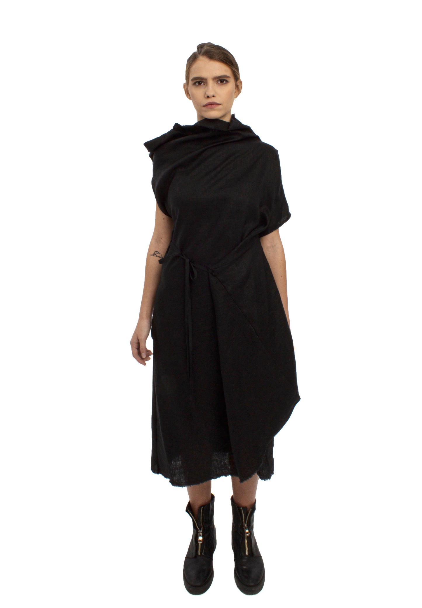 Spacetime Intersections sculptural shoulder linen dress