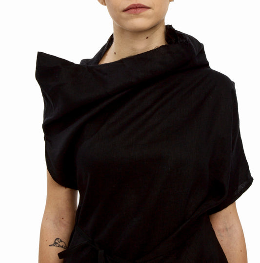 Sculptural draping linen dress with buttons closure on the shoulder (Copy)